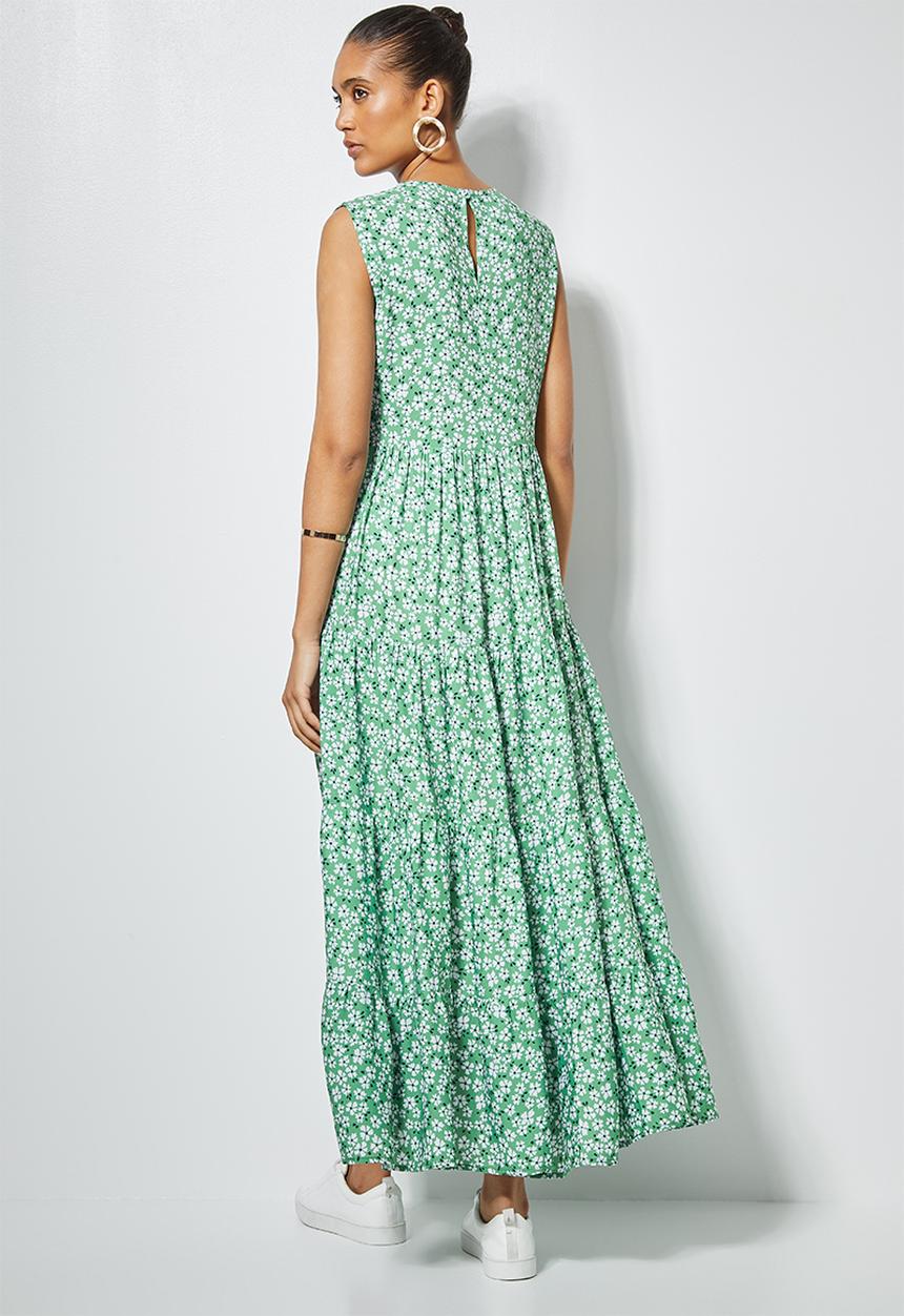 Superbalist - Sleeveless tiered maxi dress - green ditsy