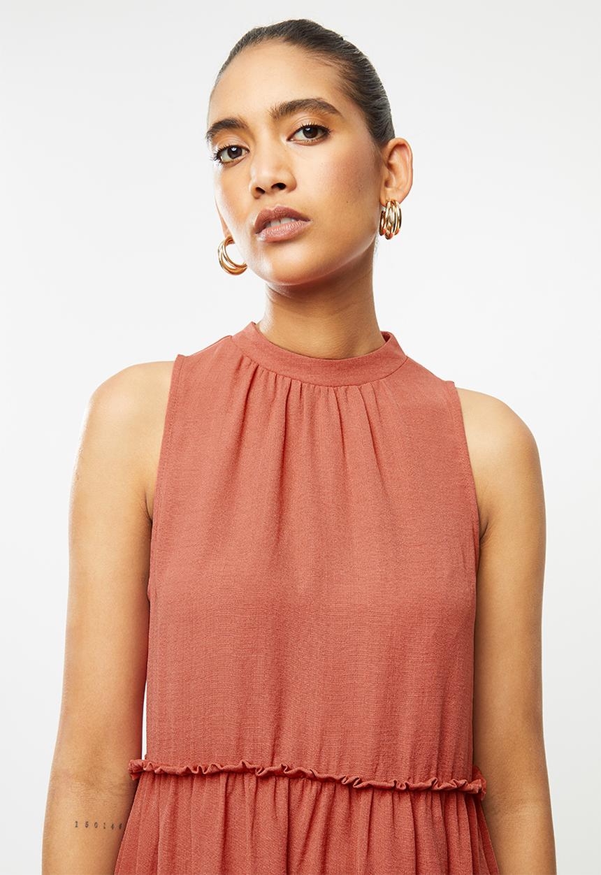 Blake - Tiered turtleneck mini dress - rust