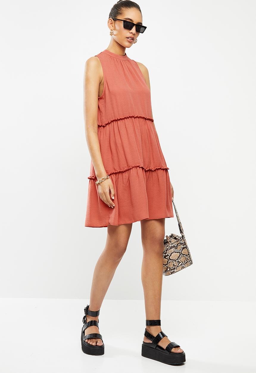 Blake - Tiered turtleneck mini dress - rust