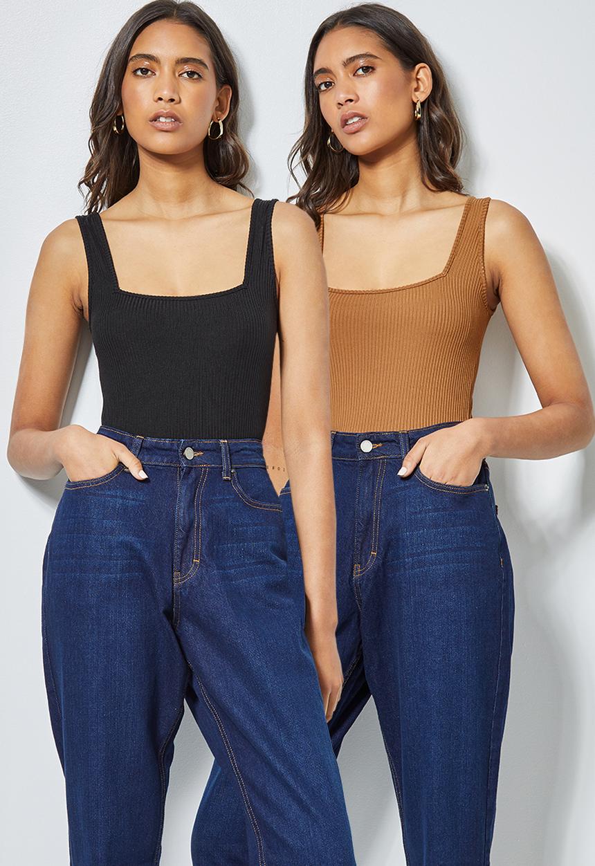 Superbalist - 2pk squareneck bodysuit  - black & tobacco
