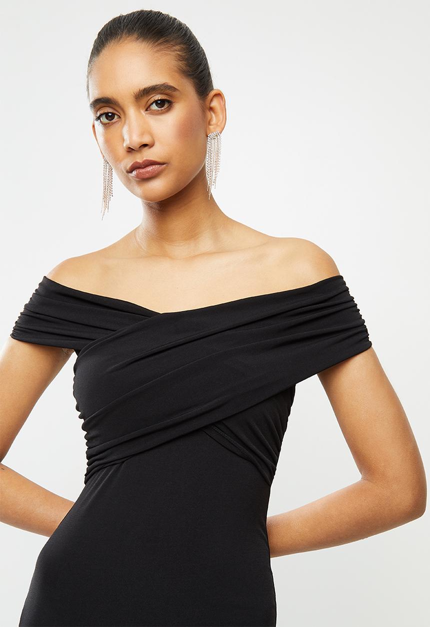 VELVET - Wrap bardot bodycon - black