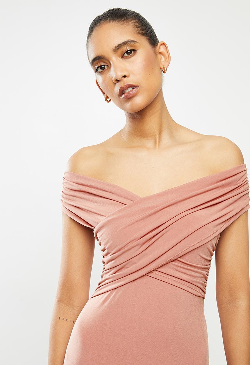 VELVET - Wrap bardot bodycon - dusty coral