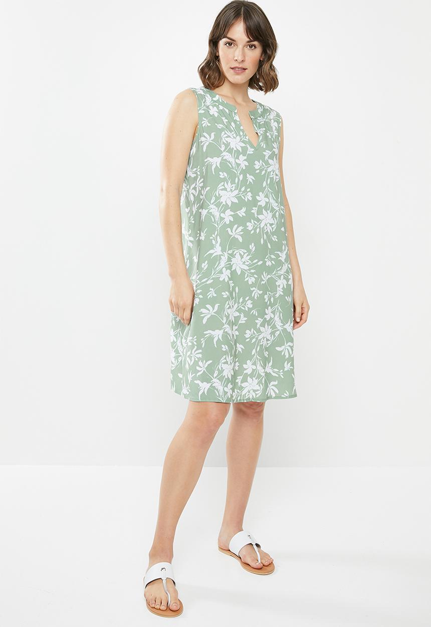 edit - Sleeveless mandarin short dress - sage & white