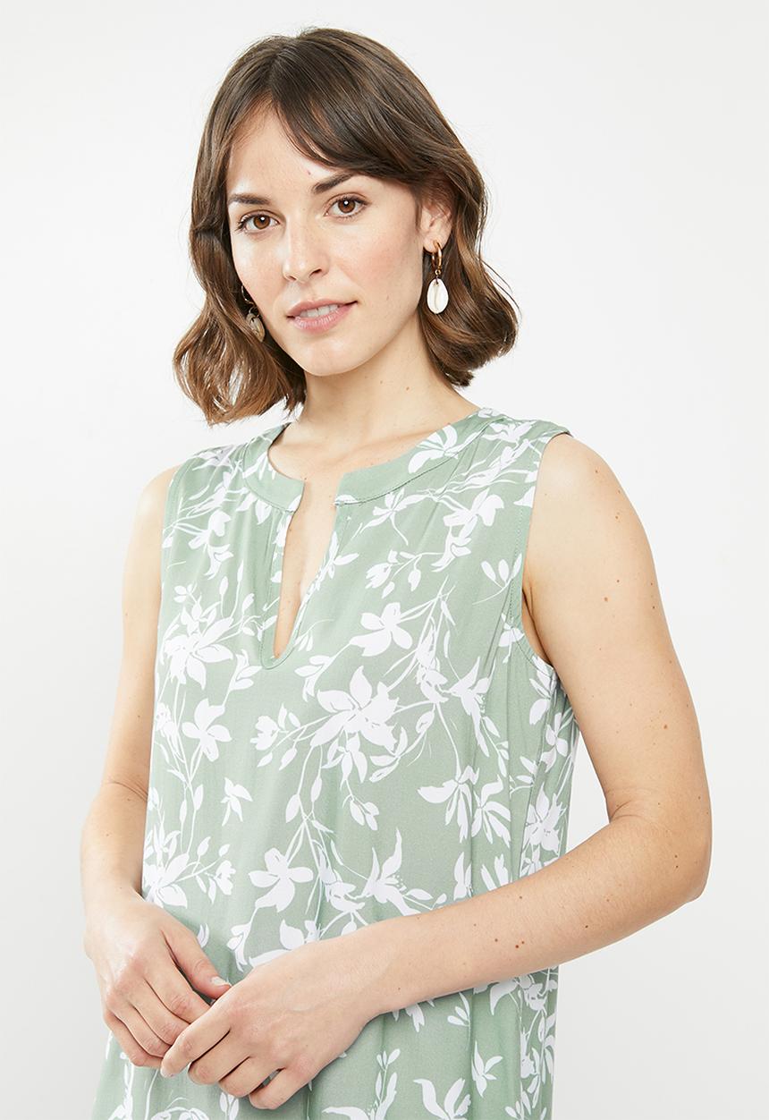 edit - Sleeveless mandarin short dress - sage & white