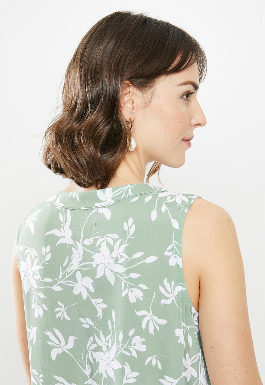 edit - Sleeveless mandarin short dress - sage & white