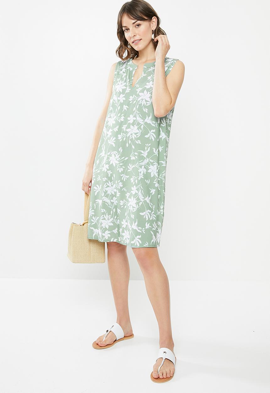 edit - Sleeveless mandarin short dress - sage & white