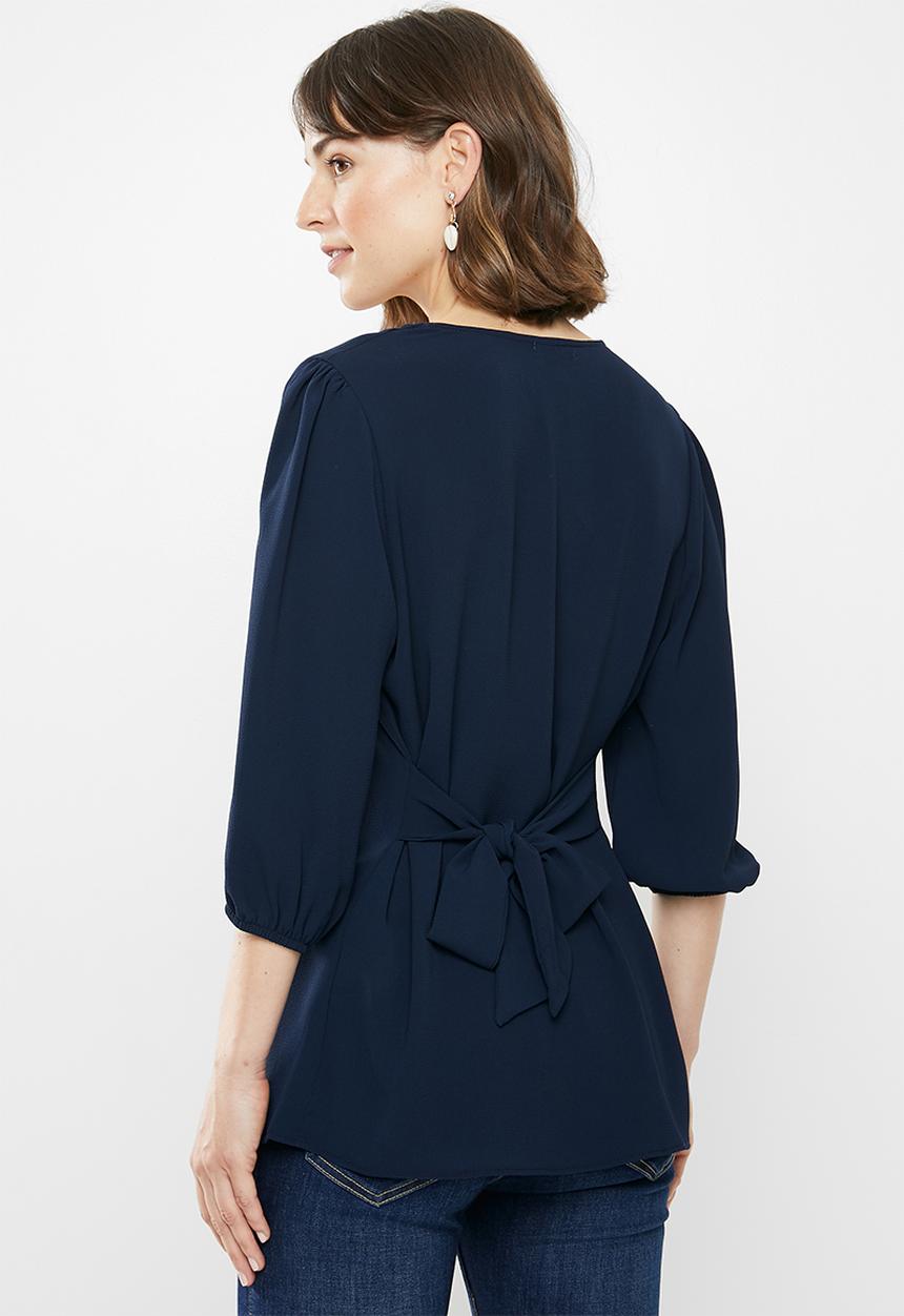 edit - 3/4 Sleeve button down waisted blouse - navy