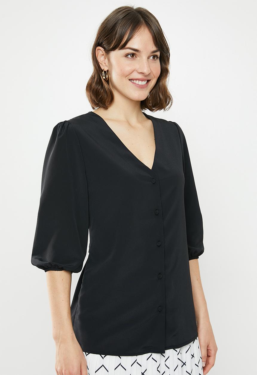 edit - 3/4 Sleeve button down waisted blouse - black 