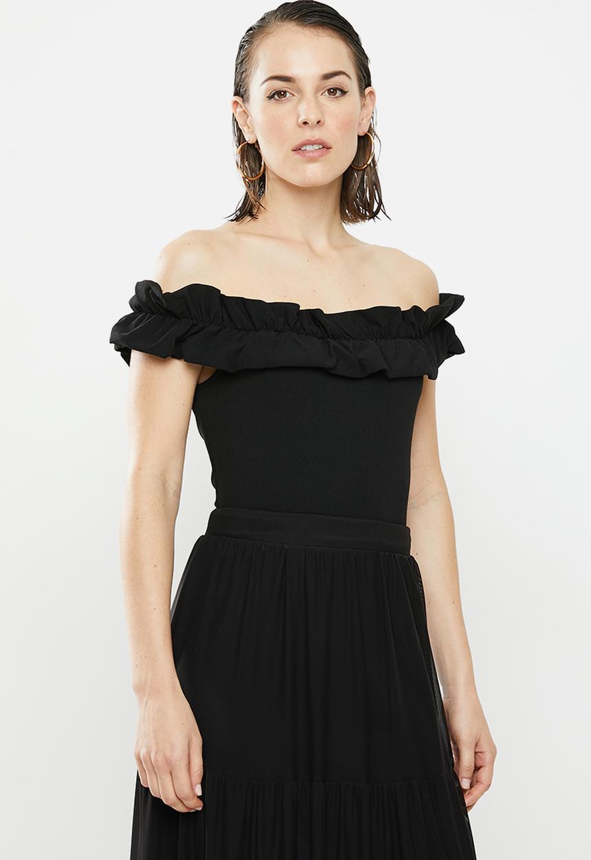 MILLA - Ruffle bardot bodysuit - black