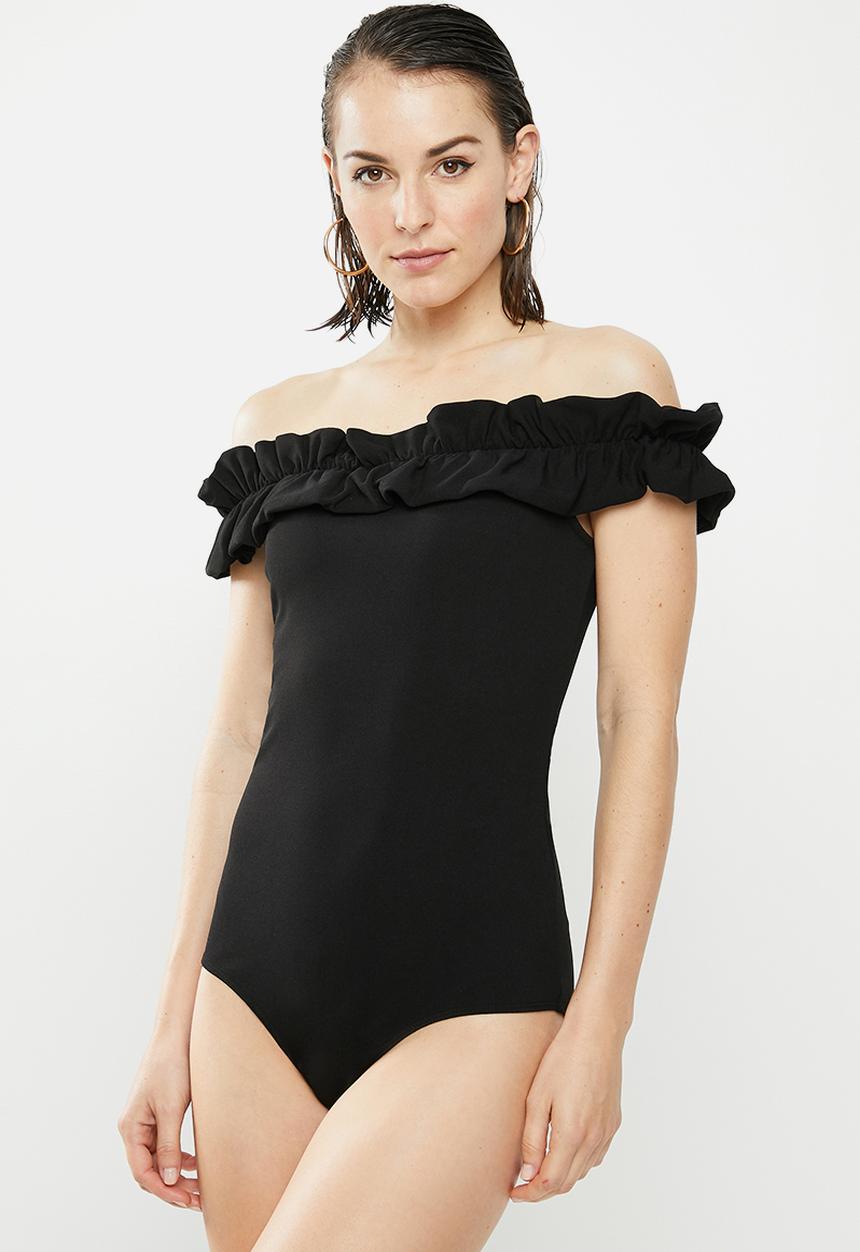 MILLA - Ruffle bardot bodysuit - black