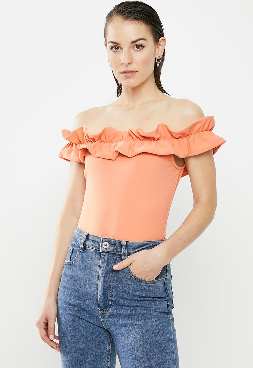 MILLA - Ruffle bardot bodysuit - coral