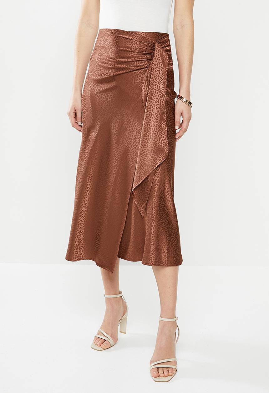 MILLA - Satin draped skirt - brown