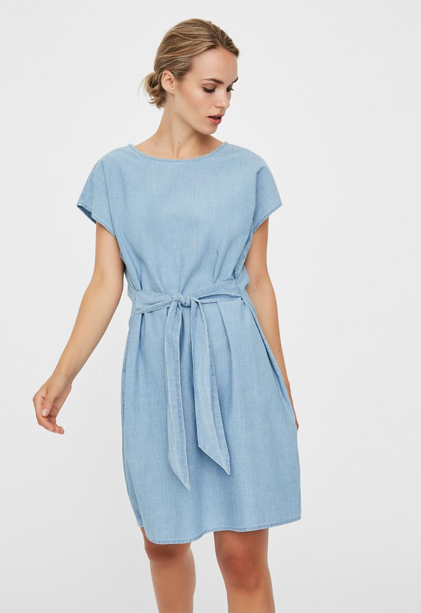 Vero Moda - Miley short sleeve tie waist loose dress - blue