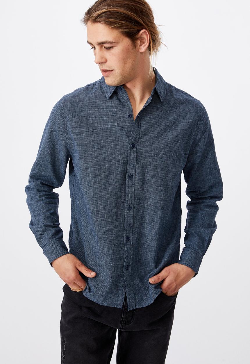 Cotton On - Linen cotton long sleeve shirt - indigo