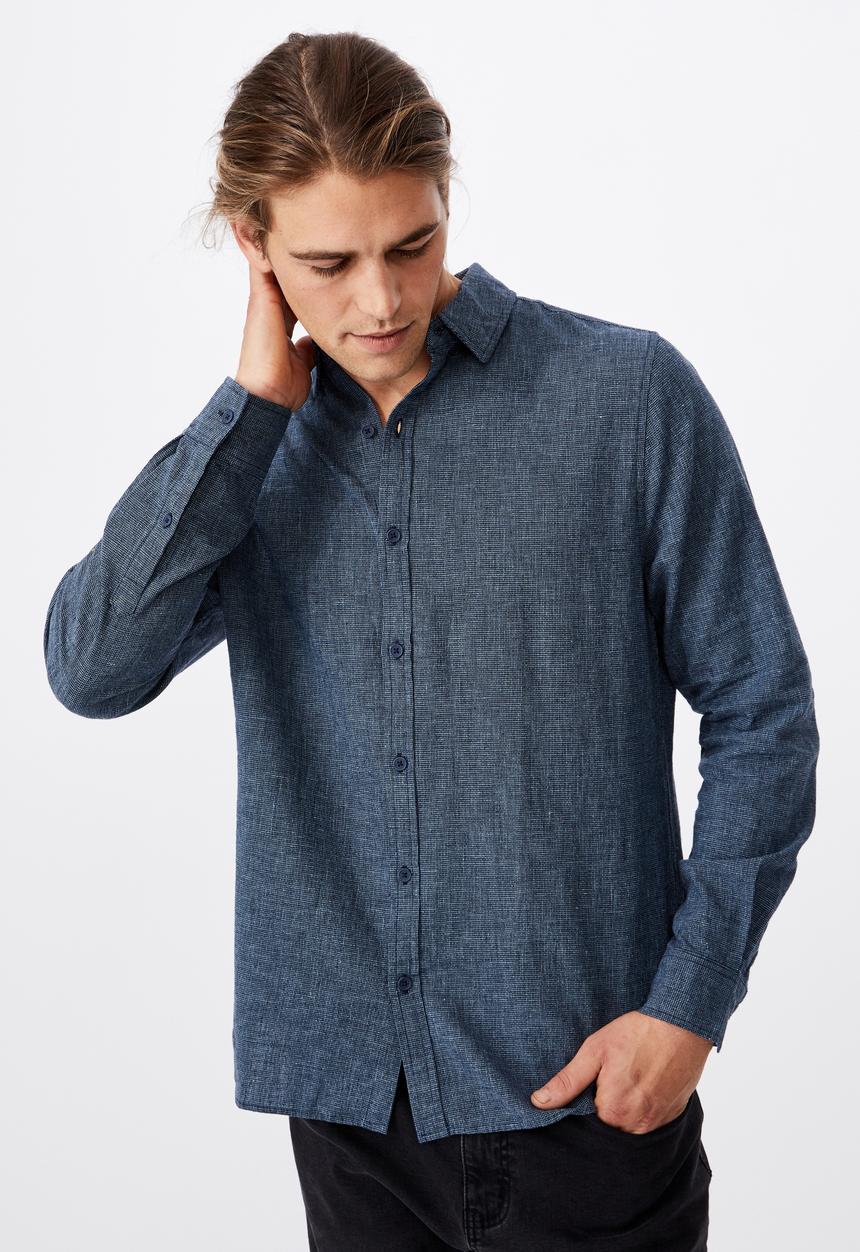 Cotton On - Linen cotton long sleeve shirt - indigo