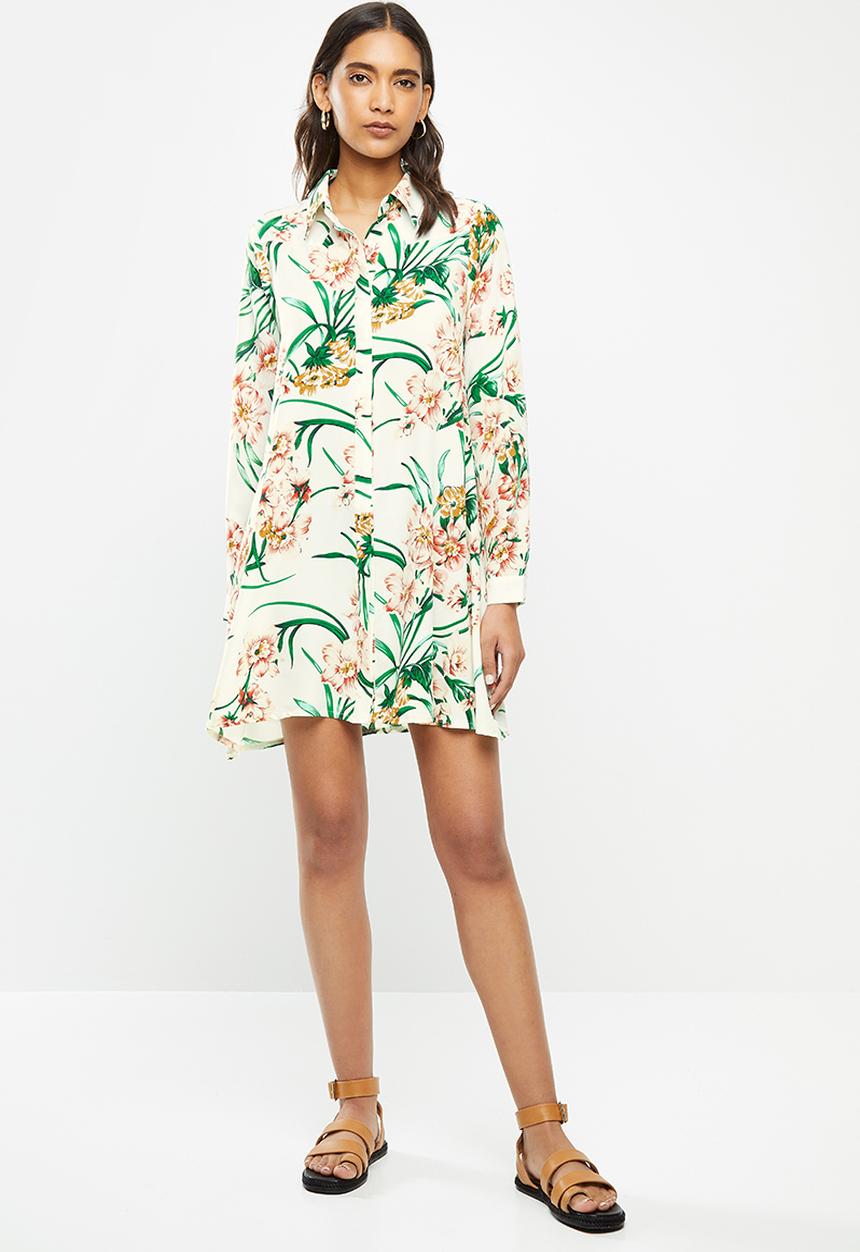 Glamorous - Long sleeve button through swing shirt dress - multi 
