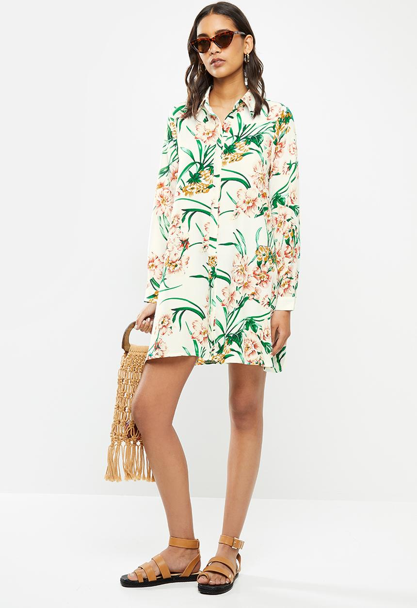 Glamorous - Long sleeve button through swing shirt dress - multi 