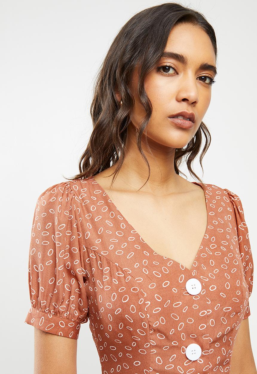 Glamorous - Button through midi dress - rust & white 
