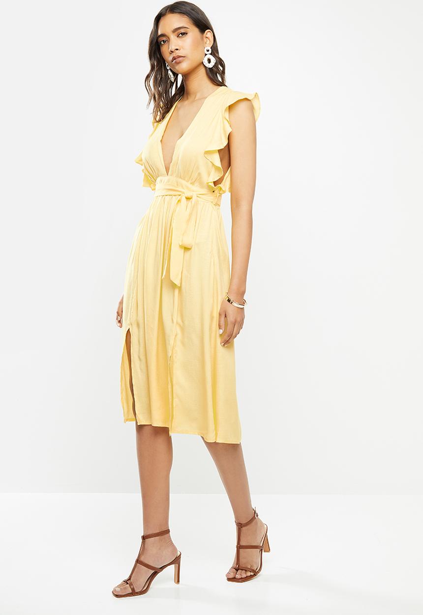 Glamorous - Deep v-neck tie front midi dress - yellow 