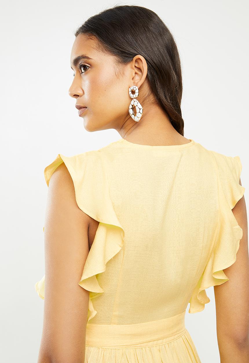 Glamorous - Deep v-neck tie front midi dress - yellow 