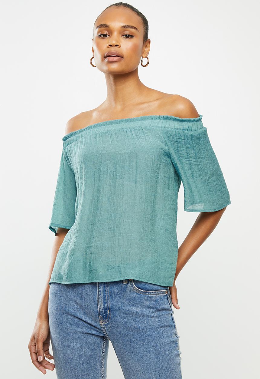 edit - Crinkle georgette off the shoulder top - teal