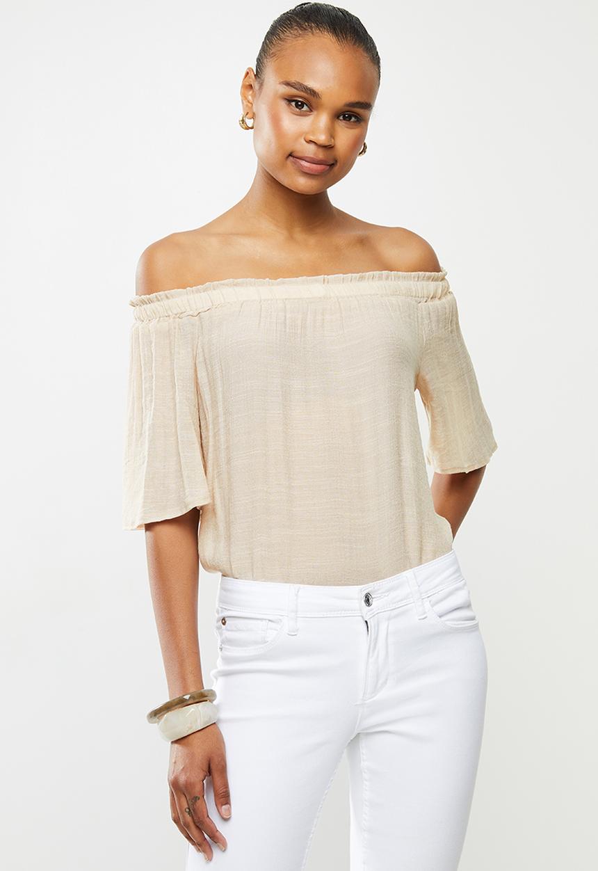 edit - Crinkle georgette off the shoulder top - stone