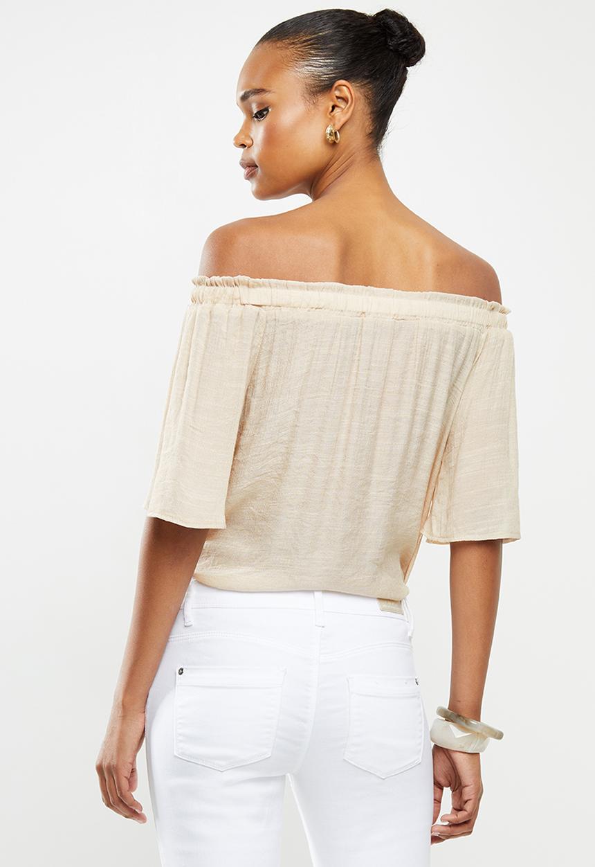 edit - Crinkle georgette off the shoulder top - stone