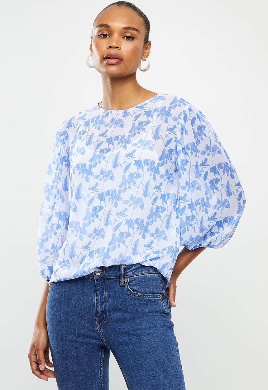 edit - Puff sleeve chiffon blouse - blue 