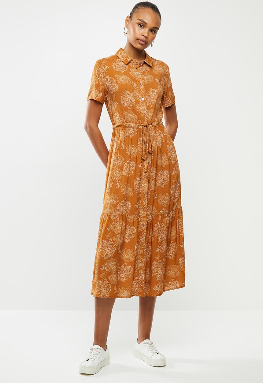edit - Short sleeve collar tiered shirt dress - rust 
