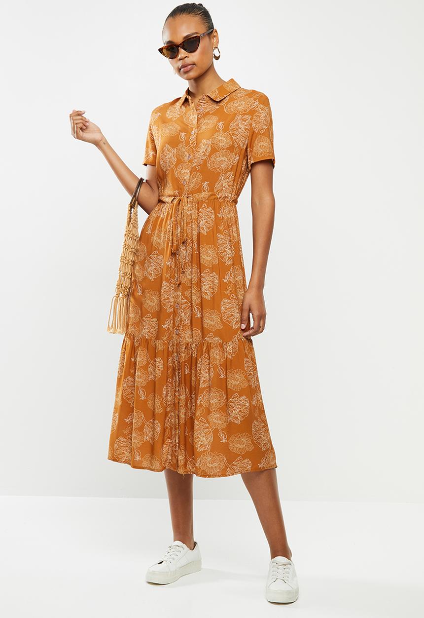 edit - Short sleeve collar tiered shirt dress - rust 