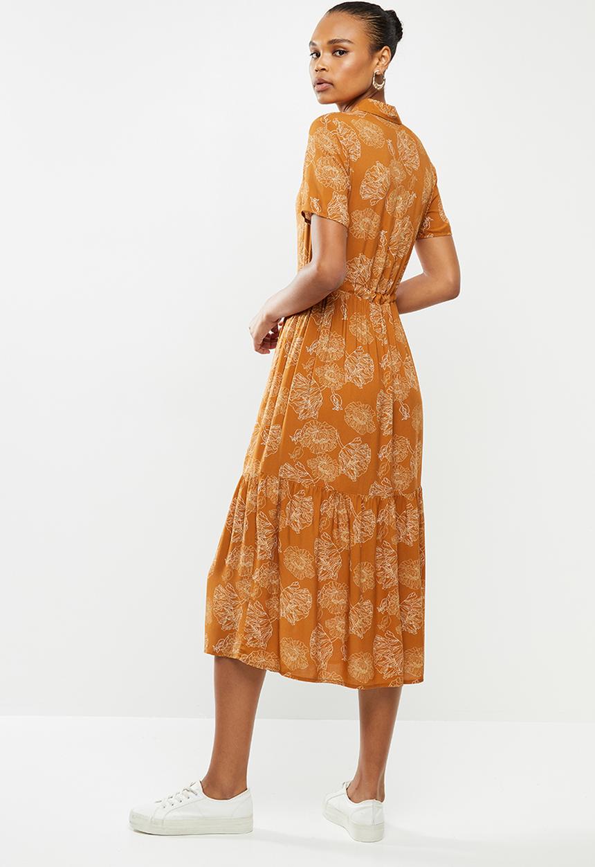 edit - Short sleeve collar tiered shirt dress - rust 