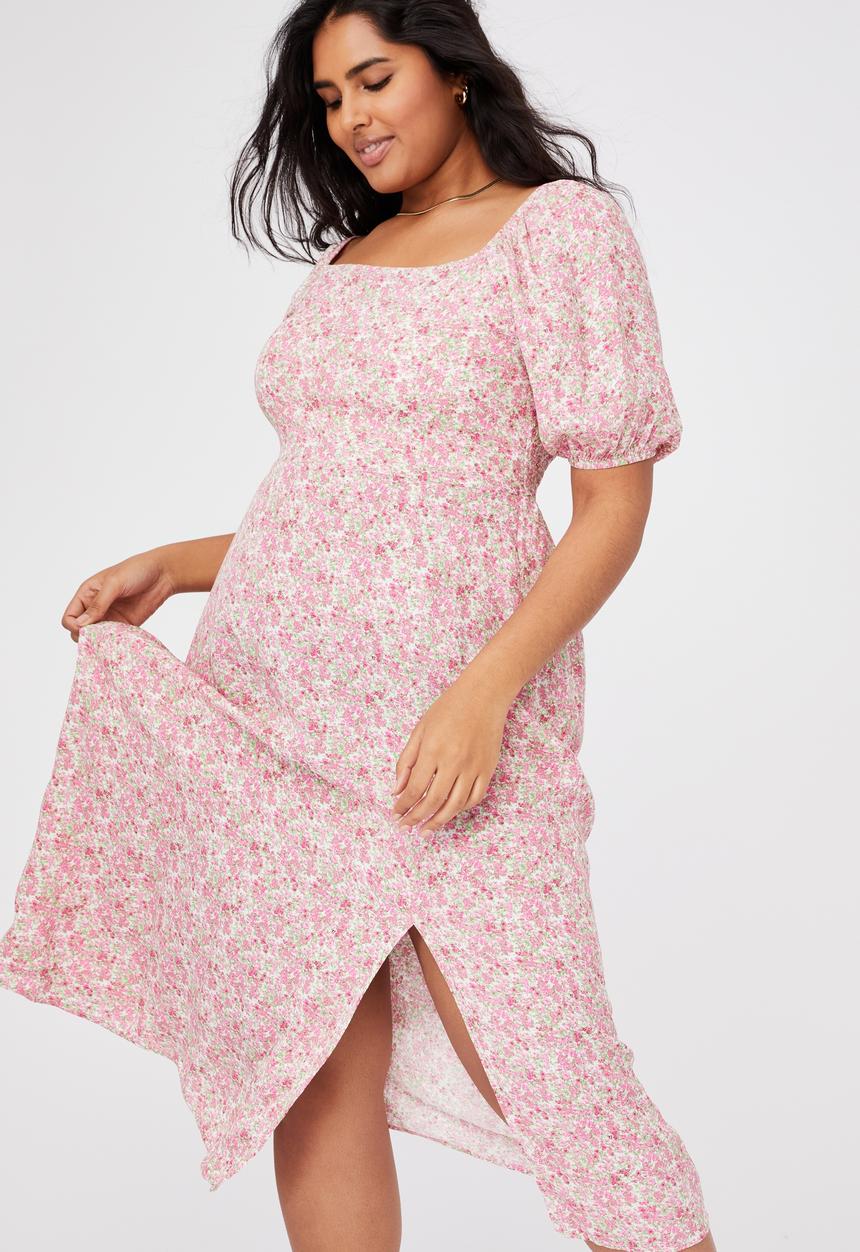 Cotton On - Curve woven sienna midi dress - pink & green 