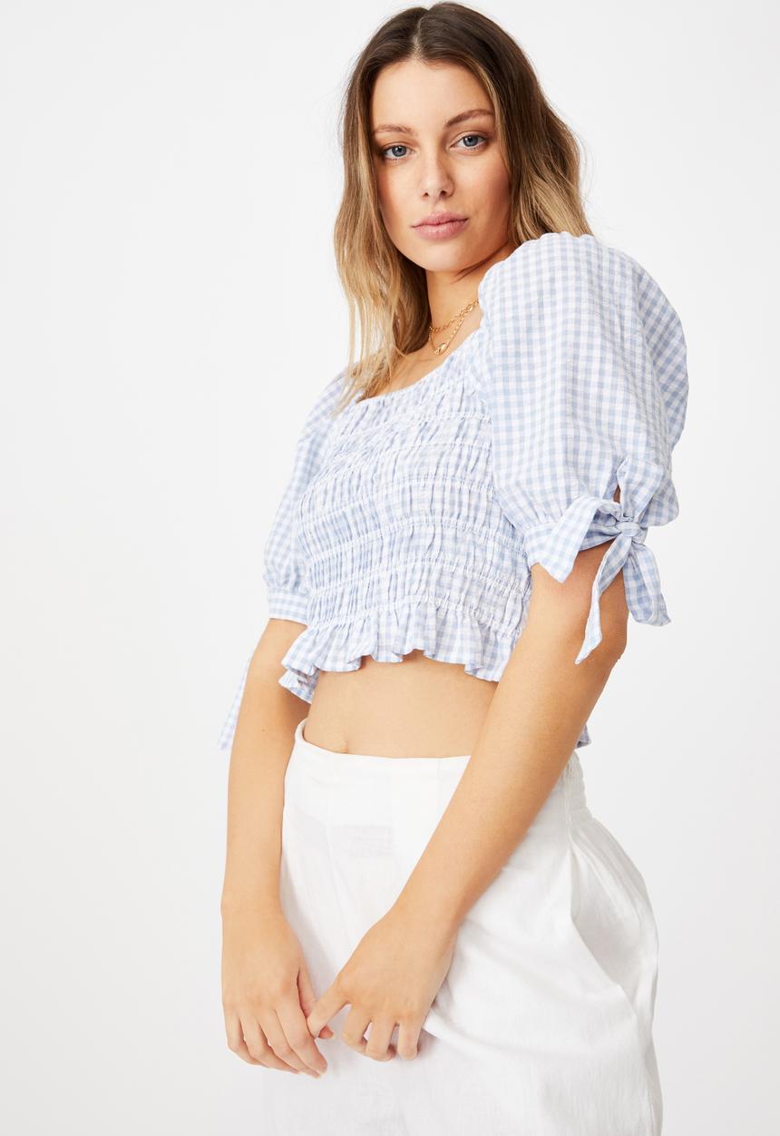Cotton On - Bella shirred square neck blouse - blue