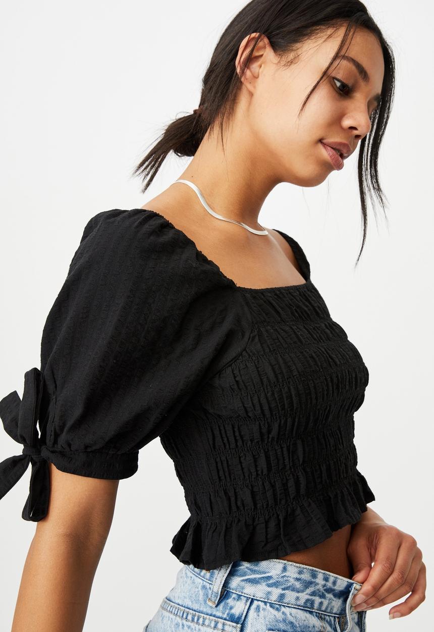 Cotton On - Bella shirred square neck blouse - black 
