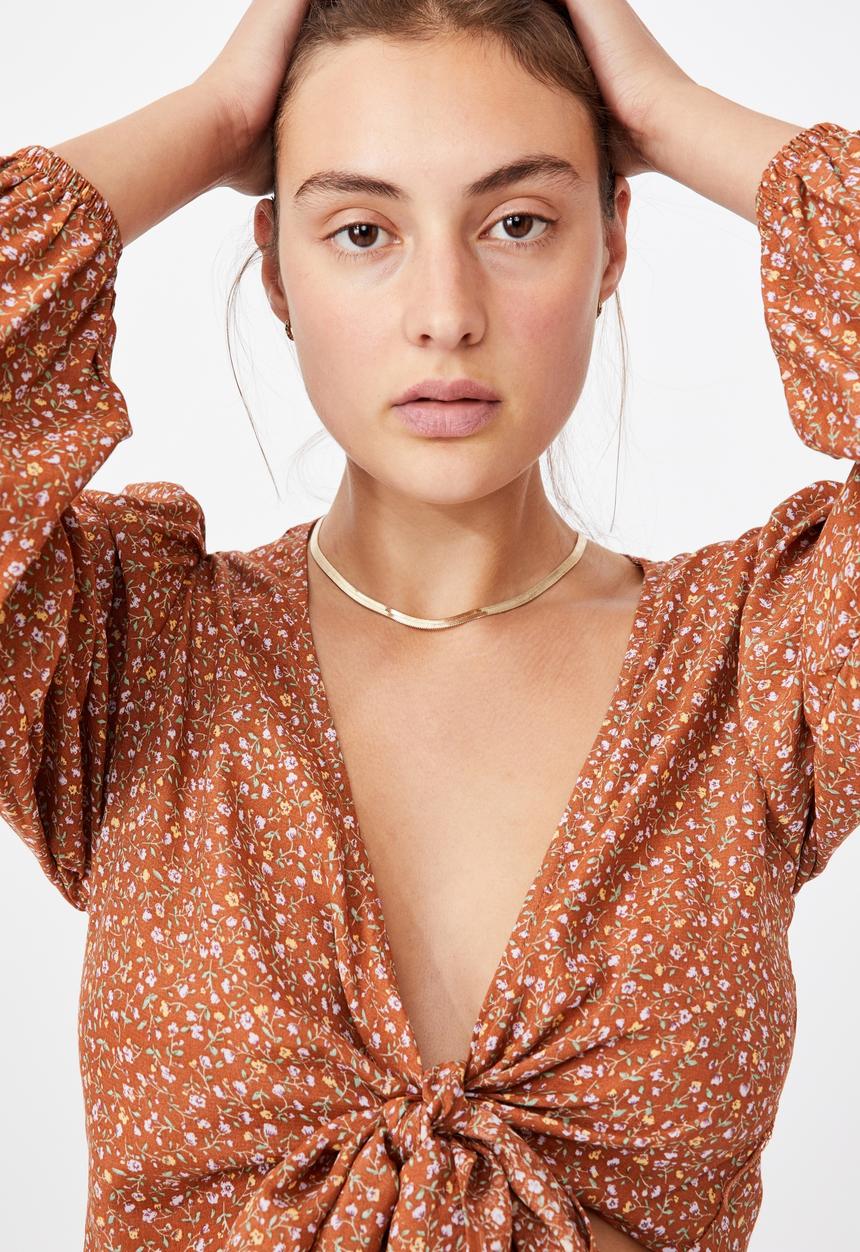 Cotton On - Willow puff sleeve wrap blouse - rust