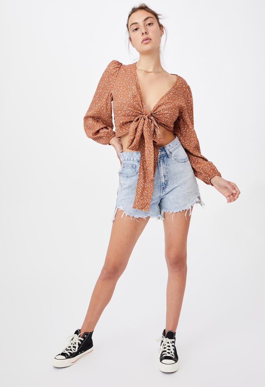 Cotton On - Willow puff sleeve wrap blouse - rust