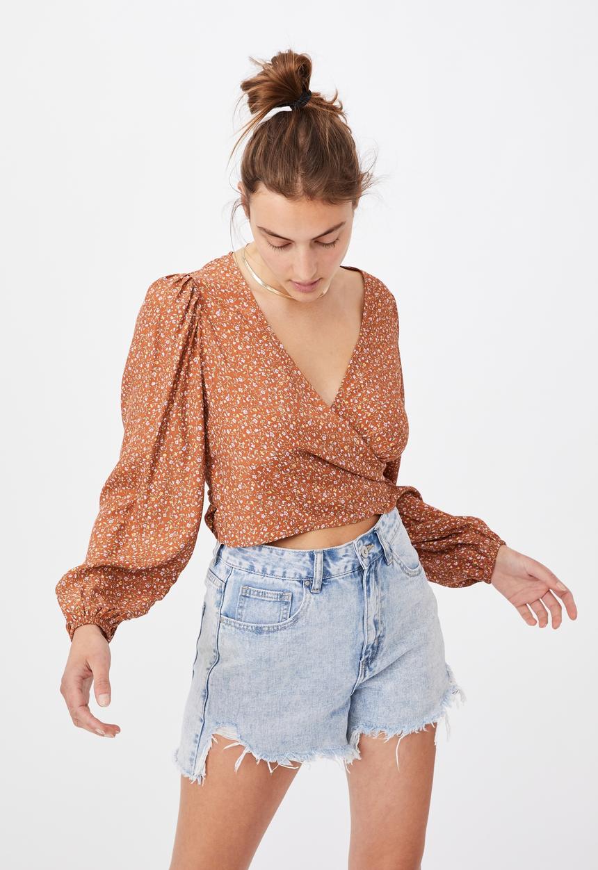 Cotton On - Willow puff sleeve wrap blouse - rust