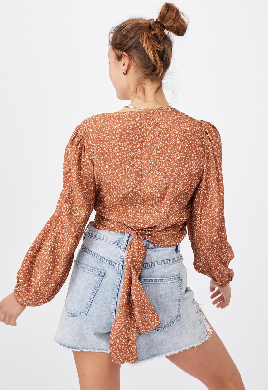Cotton On - Willow puff sleeve wrap blouse - rust