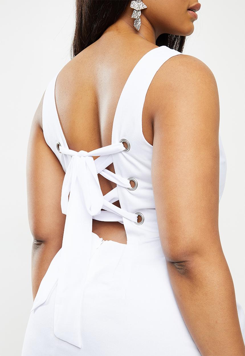 Glamorous - Plus square neck lace up dress - white