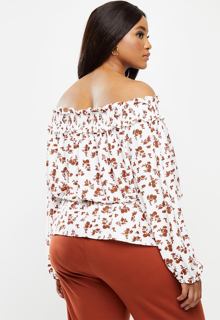 Glamorous - Plus bardot sleeve blouse - white & rust 