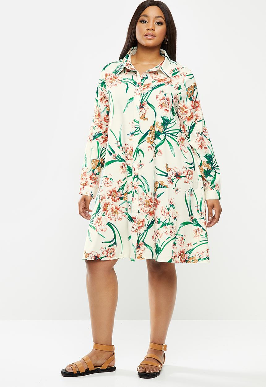 Glamorous - Plus long sleeve button through swing shirt dress - olive rose