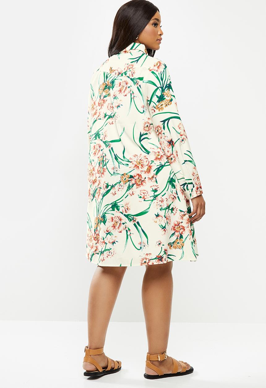 Glamorous - Plus long sleeve button through swing shirt dress - olive rose