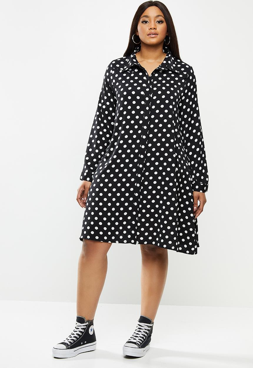 Glamorous - Plus long sleeve button through swing shirt dress - black & white 