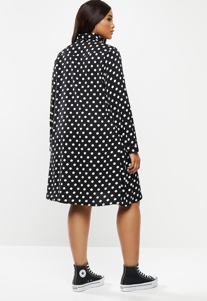 Glamorous - Plus long sleeve button through swing shirt dress - black & white 
