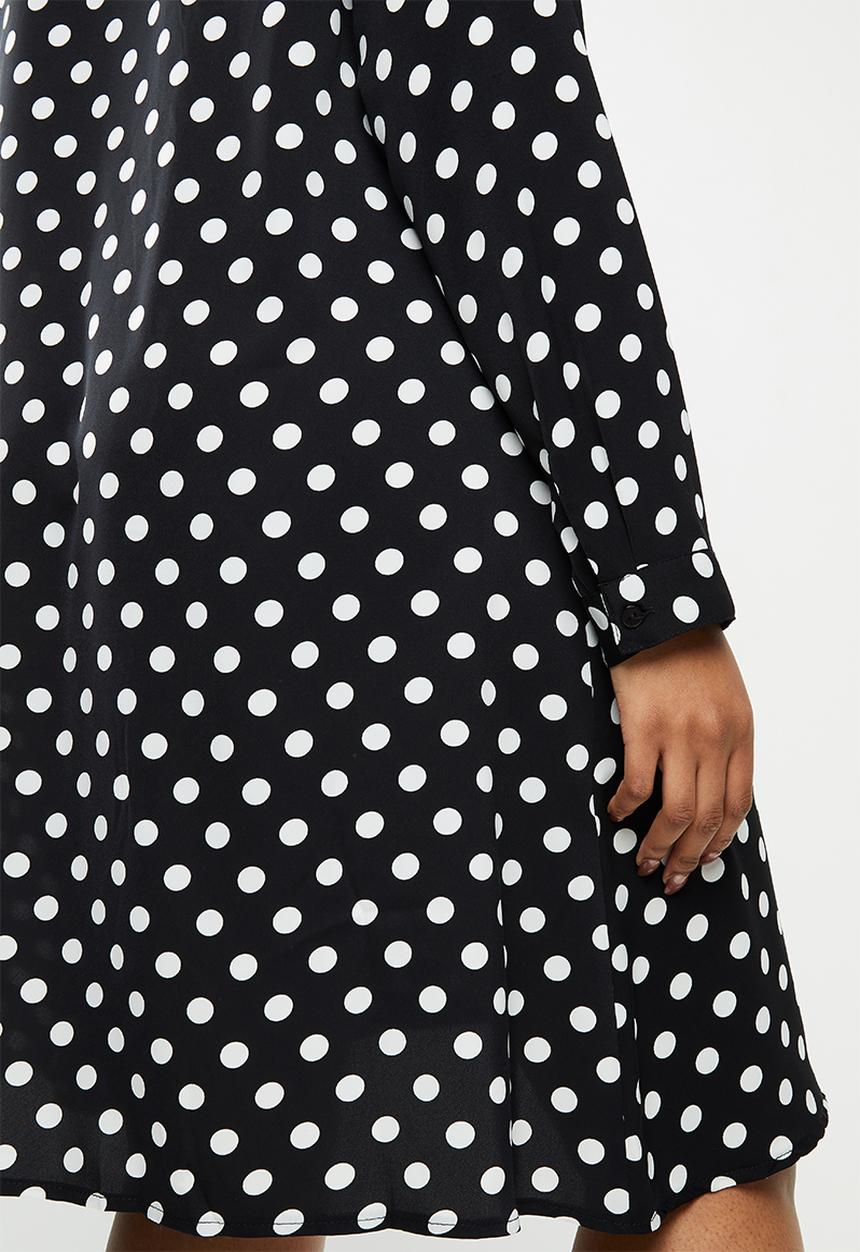 Glamorous - Plus long sleeve button through swing shirt dress - black & white 