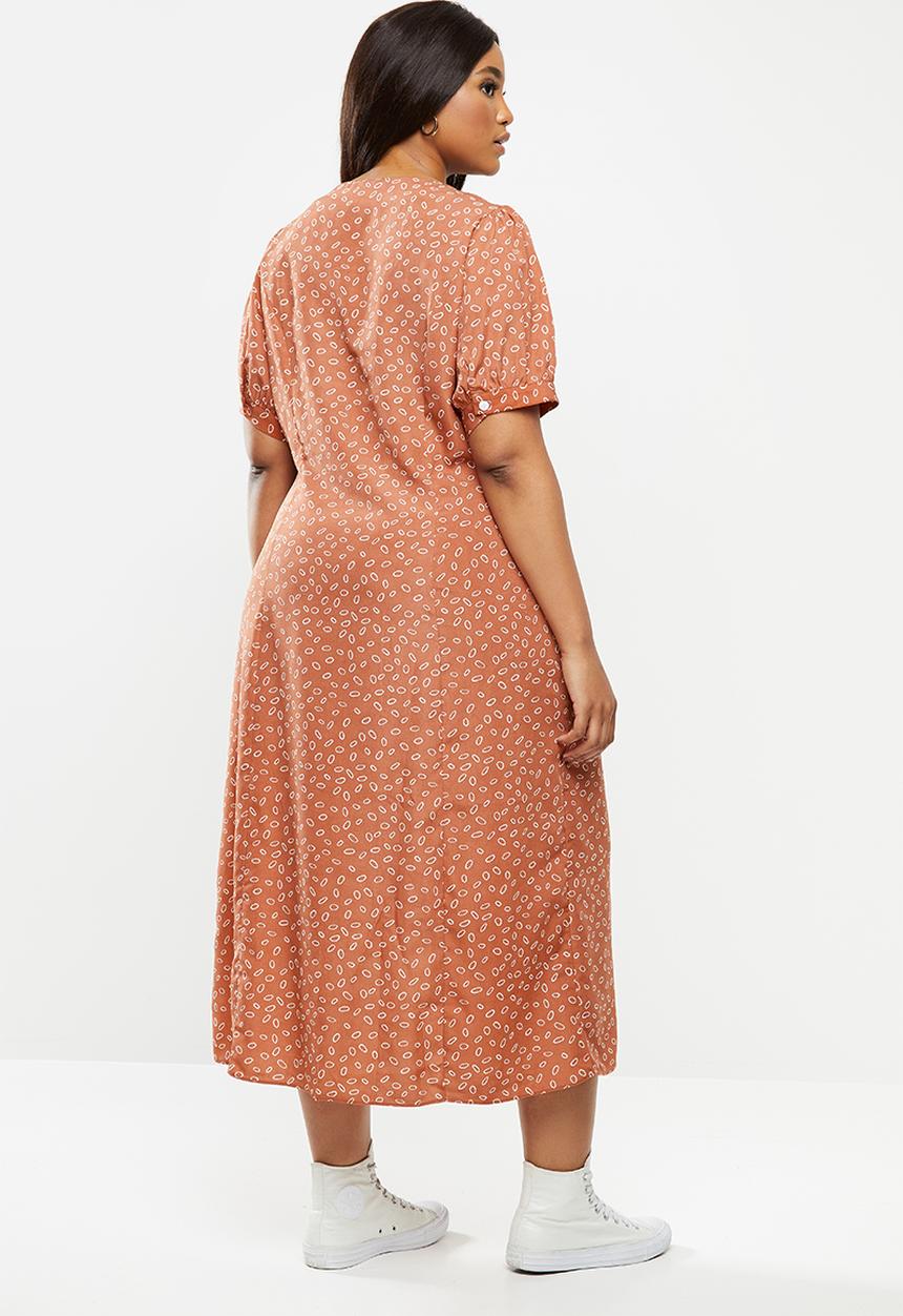 Glamorous - Plus button through midi dress - rust & white 