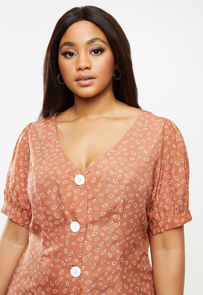 Glamorous - Plus button through midi dress - rust & white 