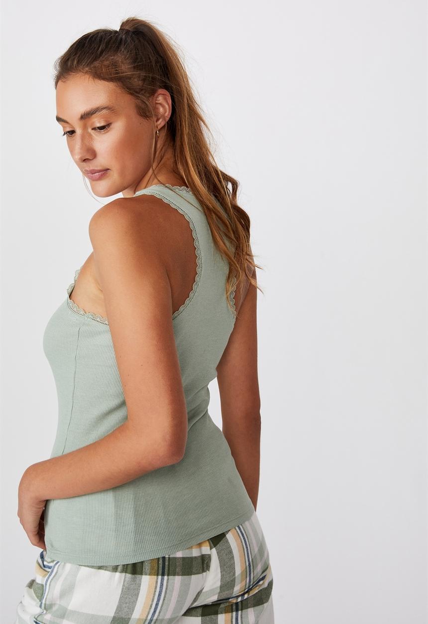 Cotton On - Lace racer back tank - washed aloe marle