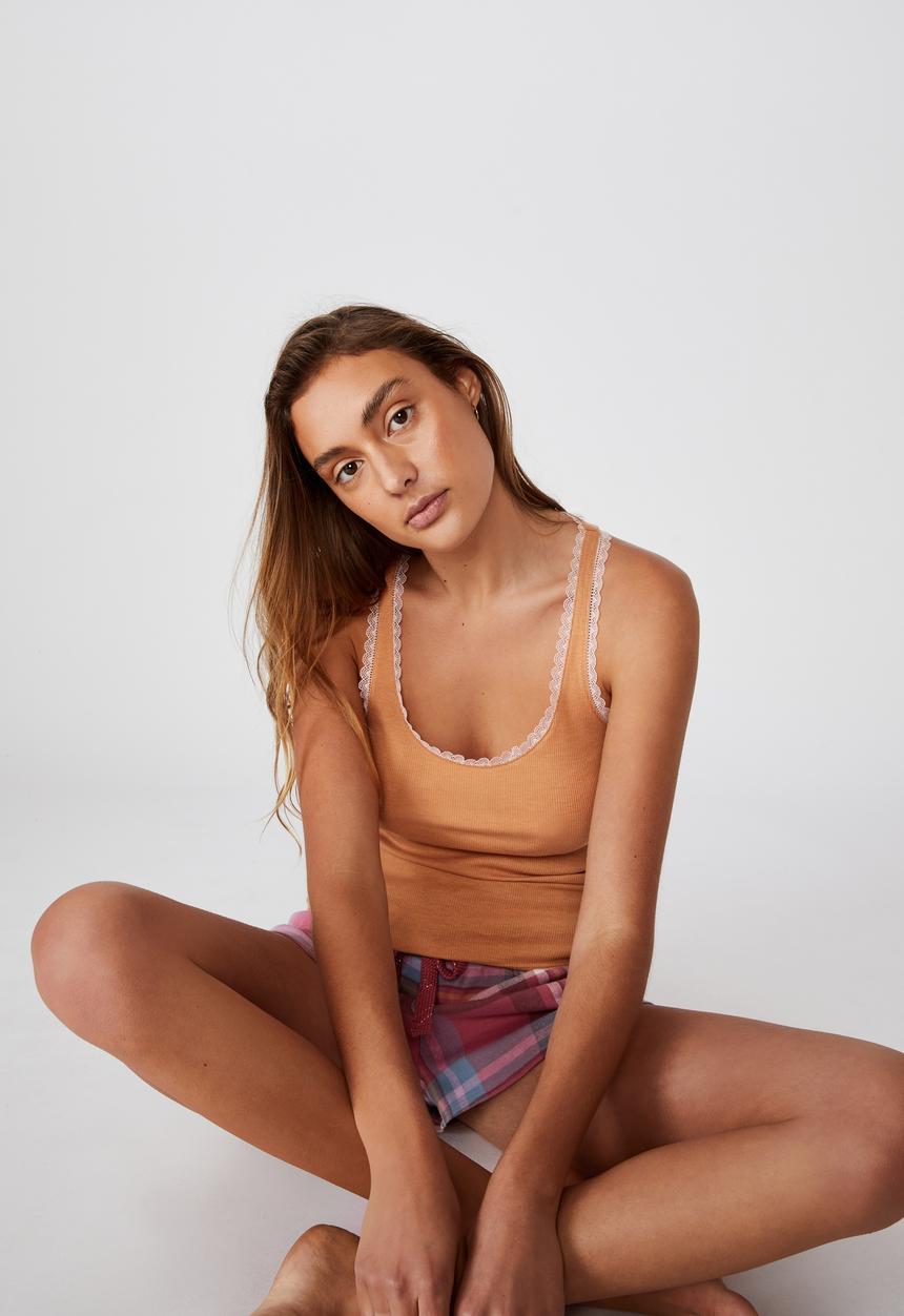 Cotton On - Lace racer back tank - biscuit marle