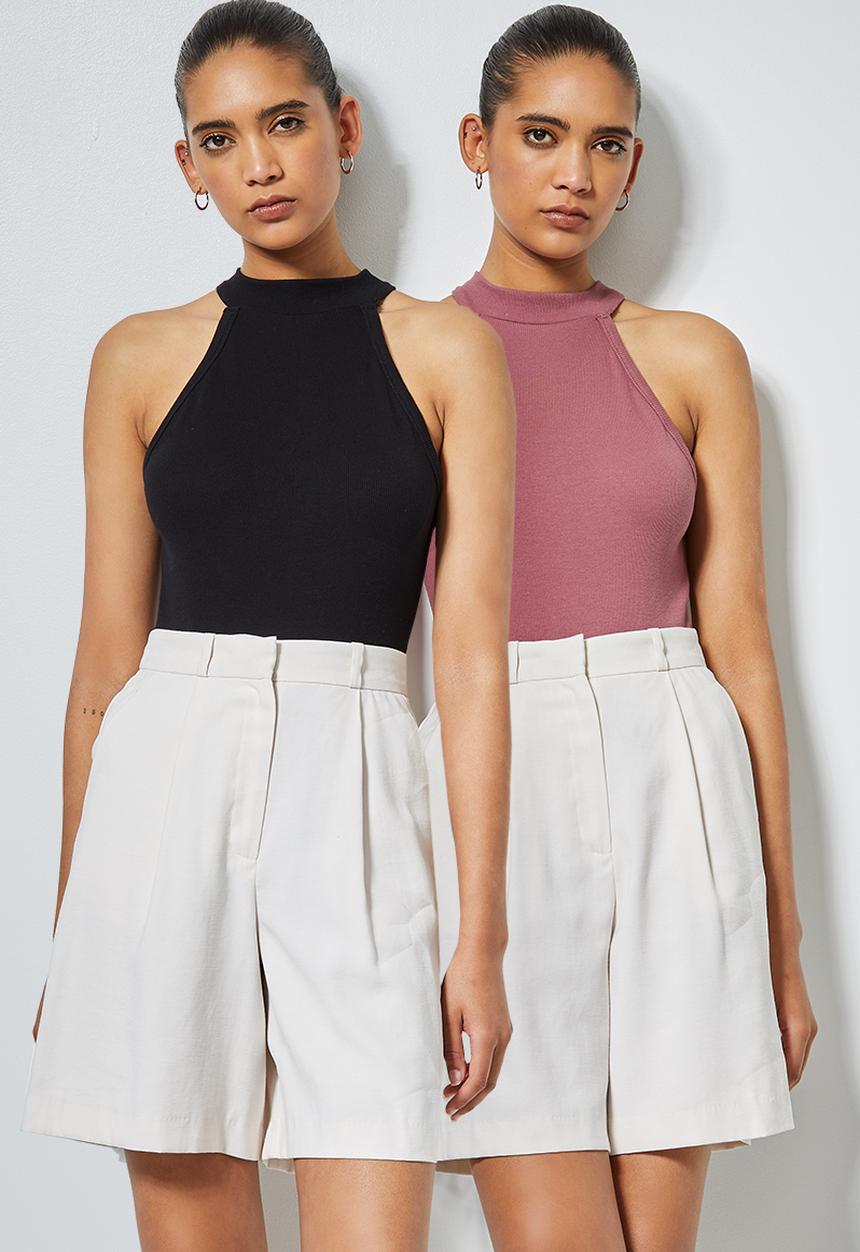 Superbalist - 2 pack rib hi neck cutaway bodysuit - black & pink 